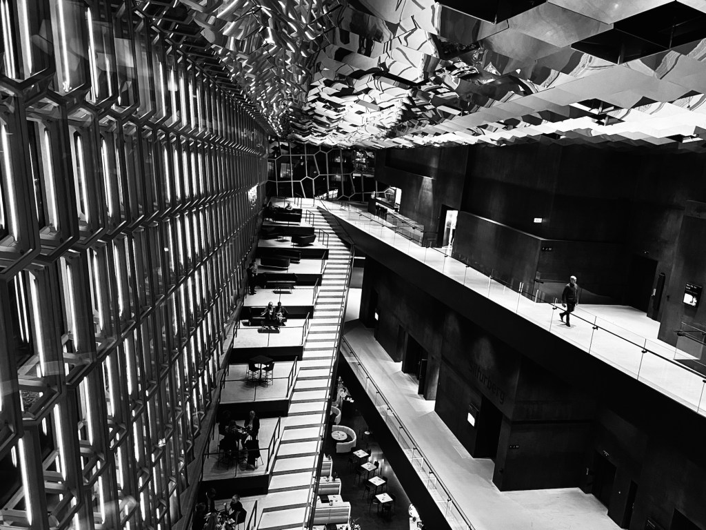 Looking down from the top floor at Harpa Concert Hall