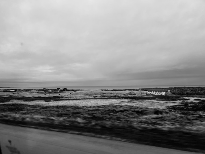 Blurred landscape in Iceland, black and white. 